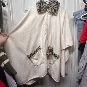 Leopard Trim Cream Cape Cardigan